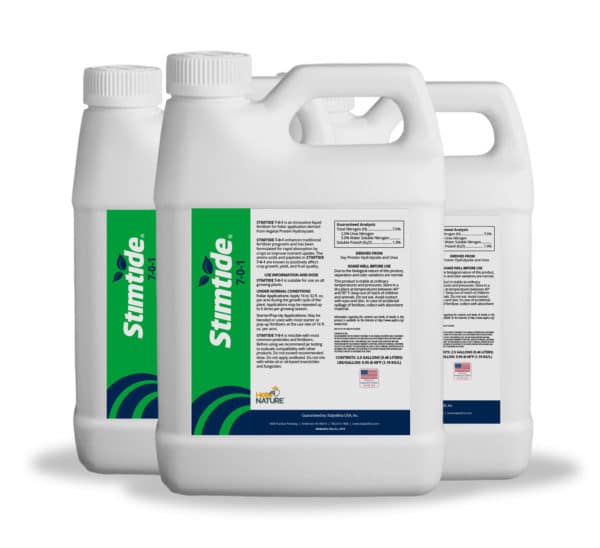 Application of Stimtide biostimulant on crops to improve fruit quality, yield, and stress resistance under drought or cold conditions.